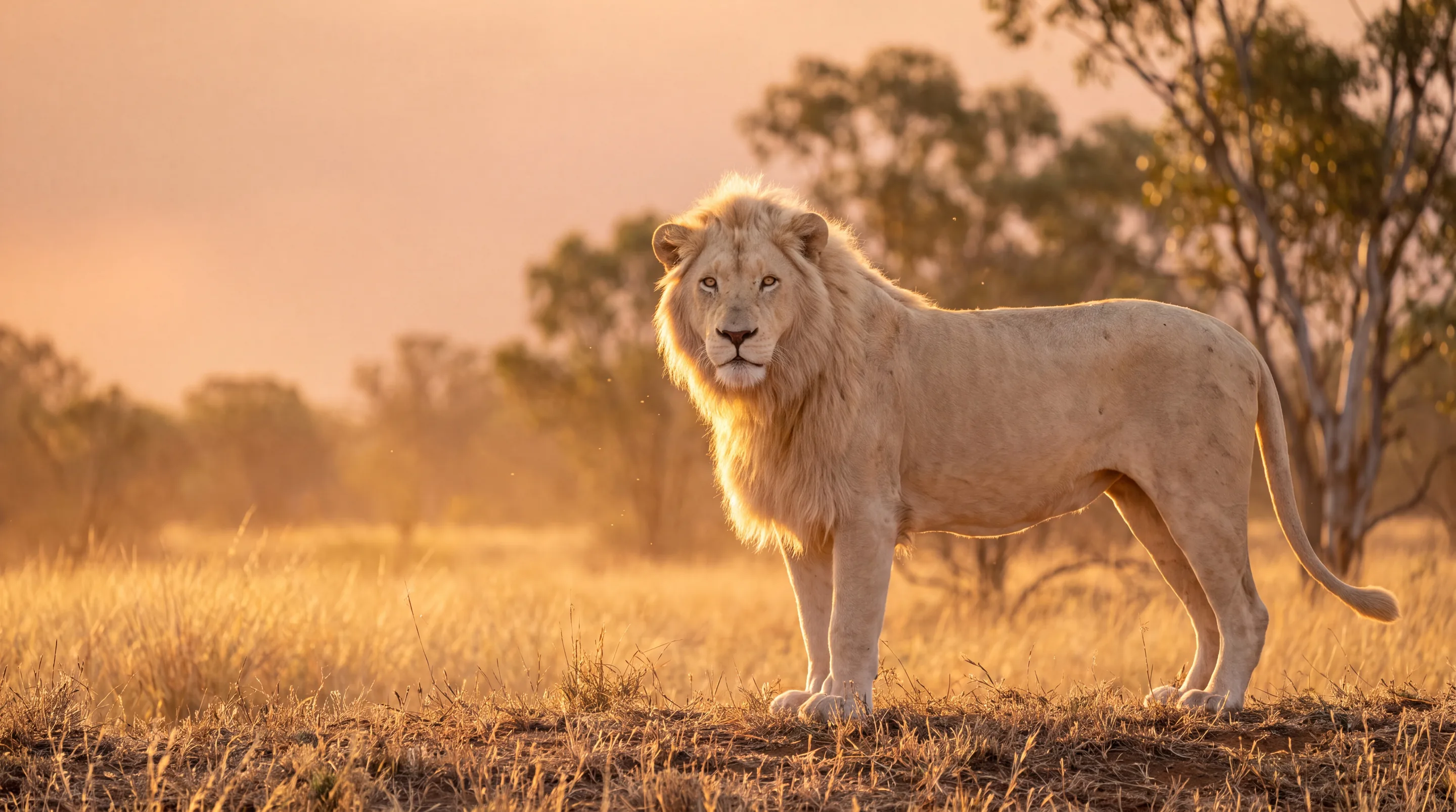A white lion at golden hour in the Australian bush