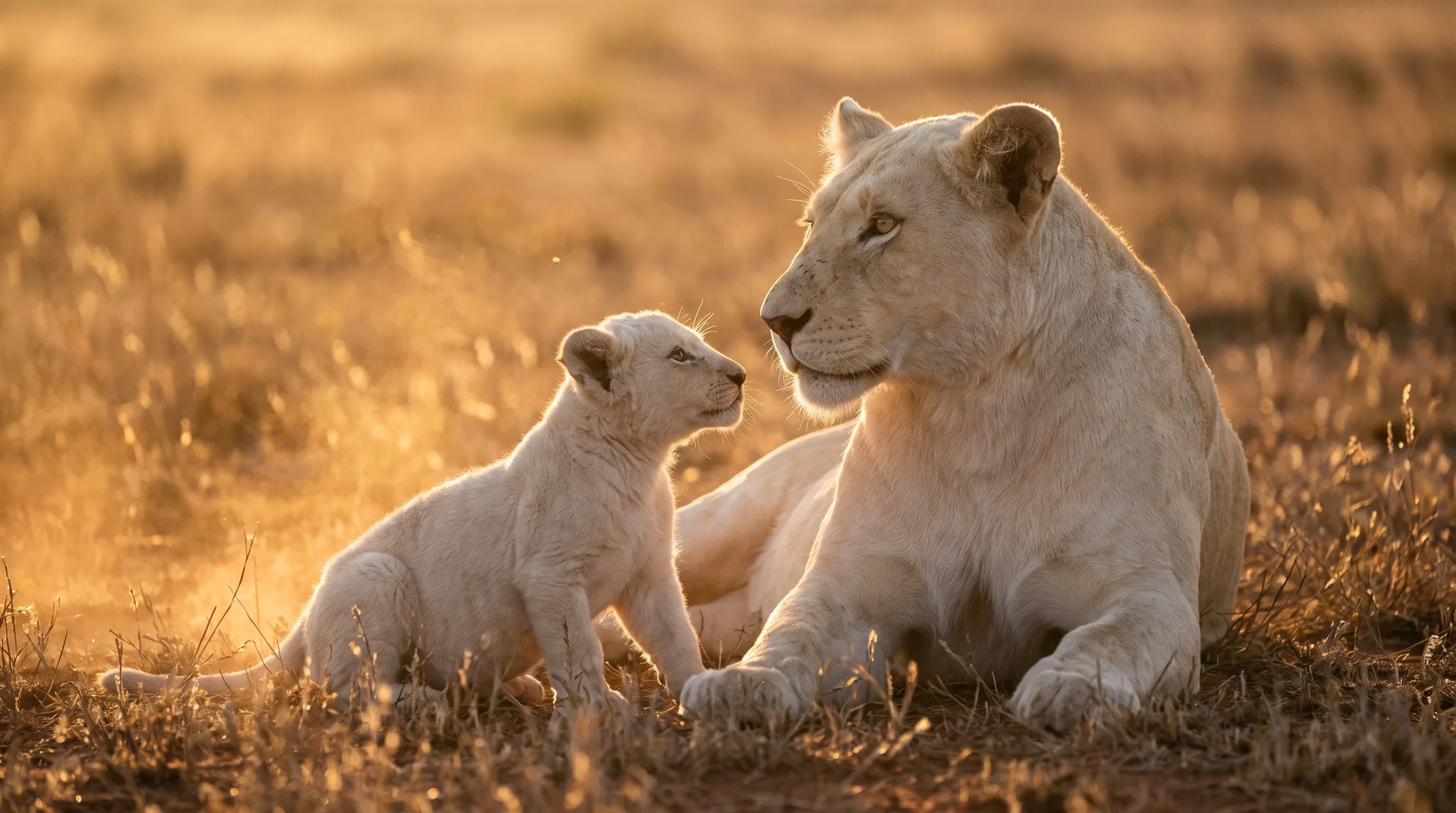 A white lioness with her cub at golden hour