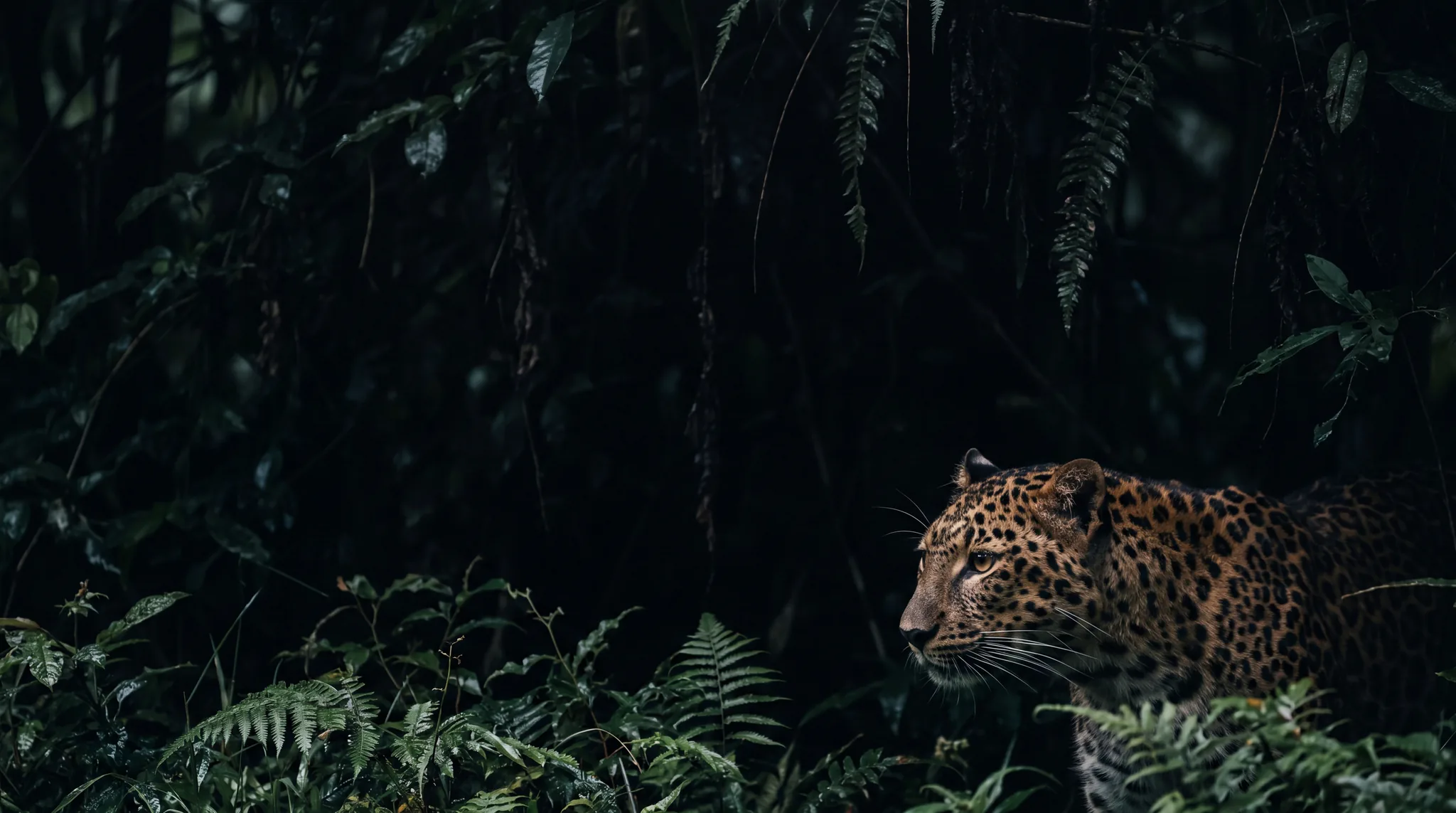 A leopard in deep forest shadow